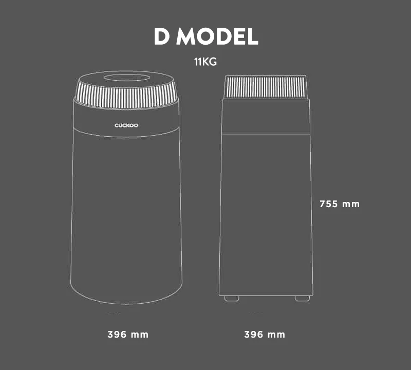 CUCKOO D Model — dimensions 396 × 396 × 755 mm, 11 kg