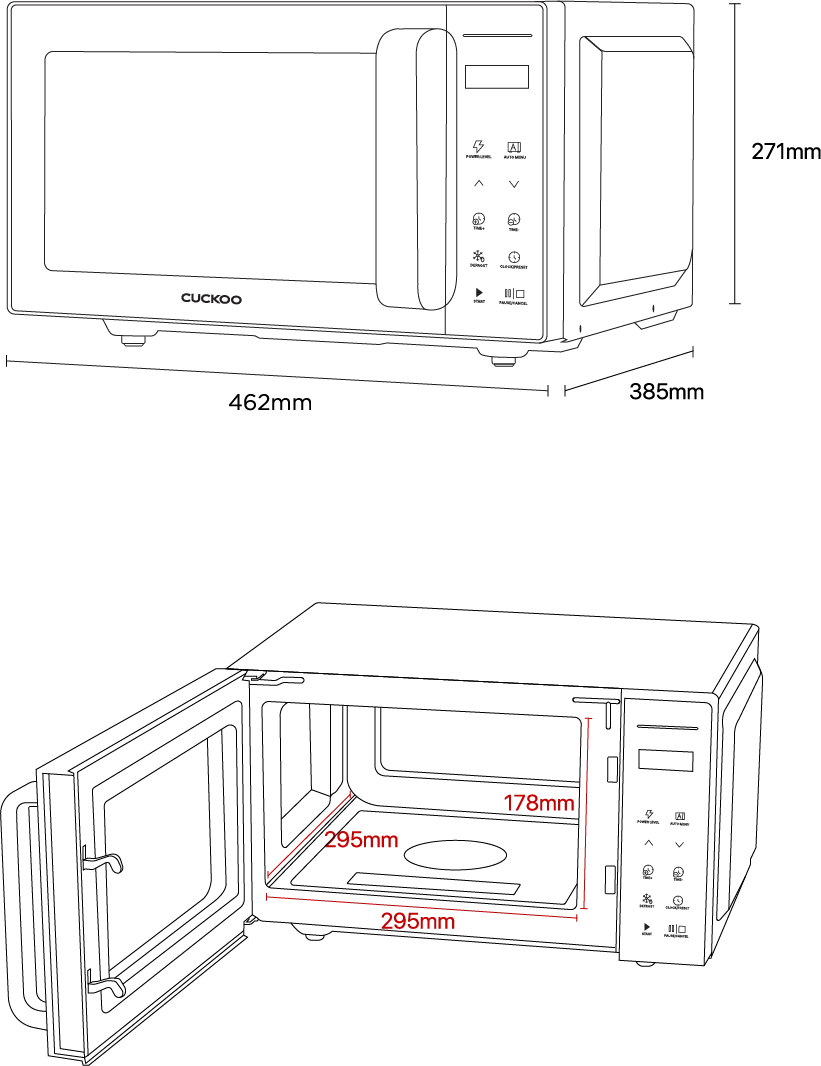 CUCKOO FlatX Microwave — dimensions