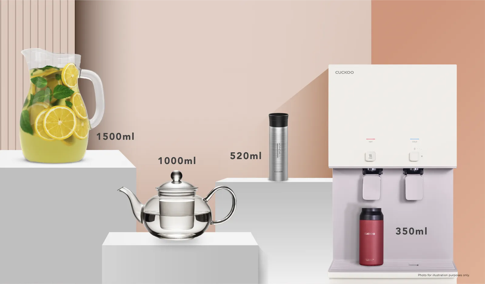 CUCKOO FLO — spacious dispensing area fits a 1.5 L jug, teapot and bottles