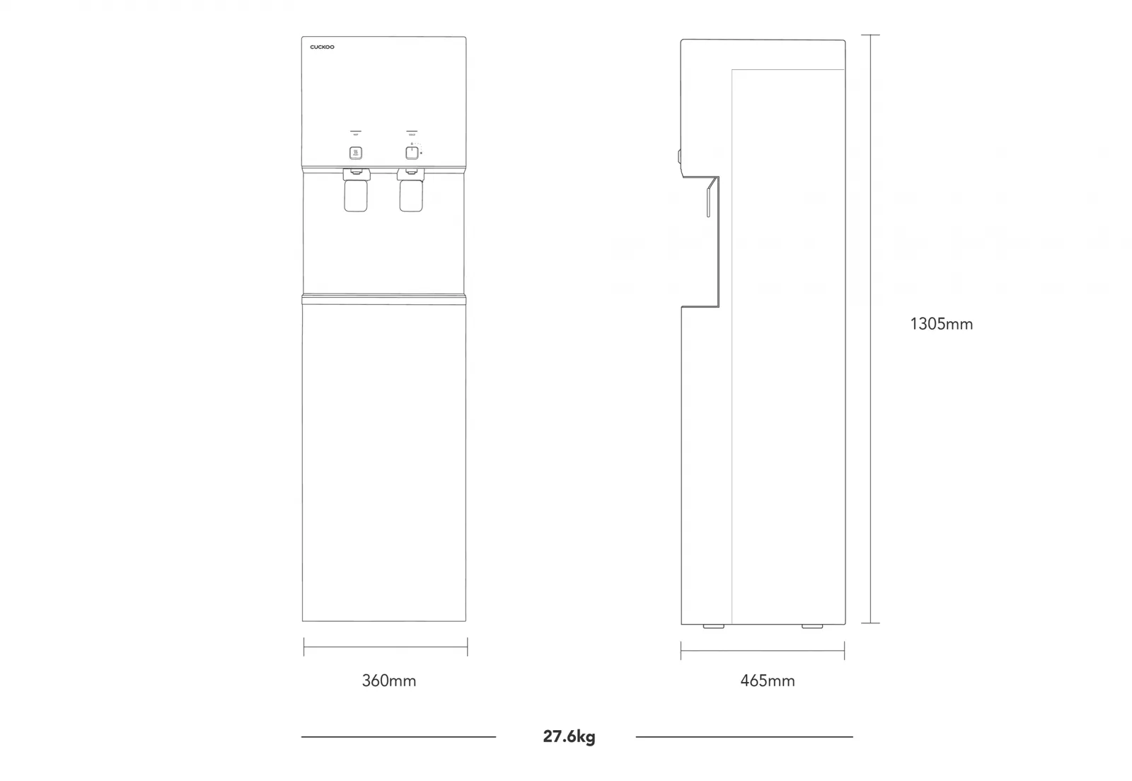 CUCKOO FLO dimensions: 360 mm wide, 465 mm deep, 1305 mm tall, 27.6 kg