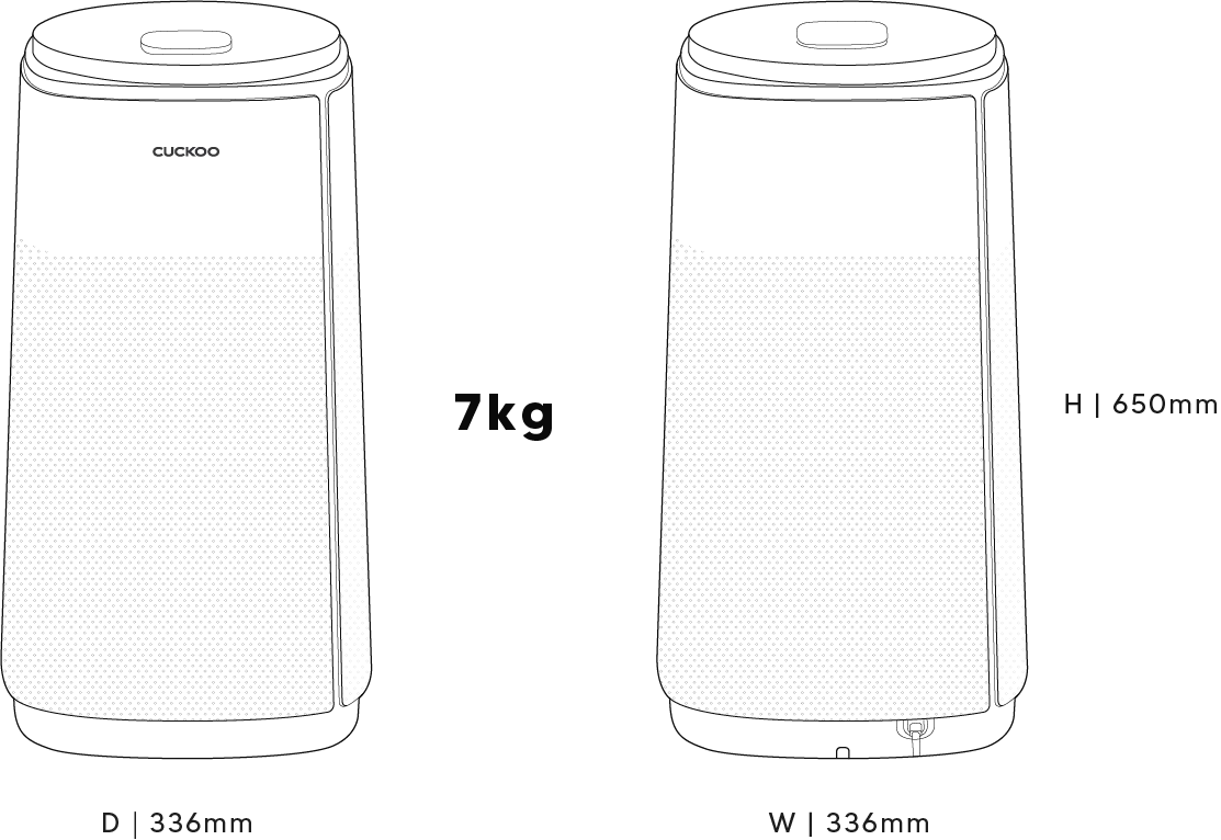 CUCKOO K Model — dimensions 336 × 336 × 650 mm, 7 kg