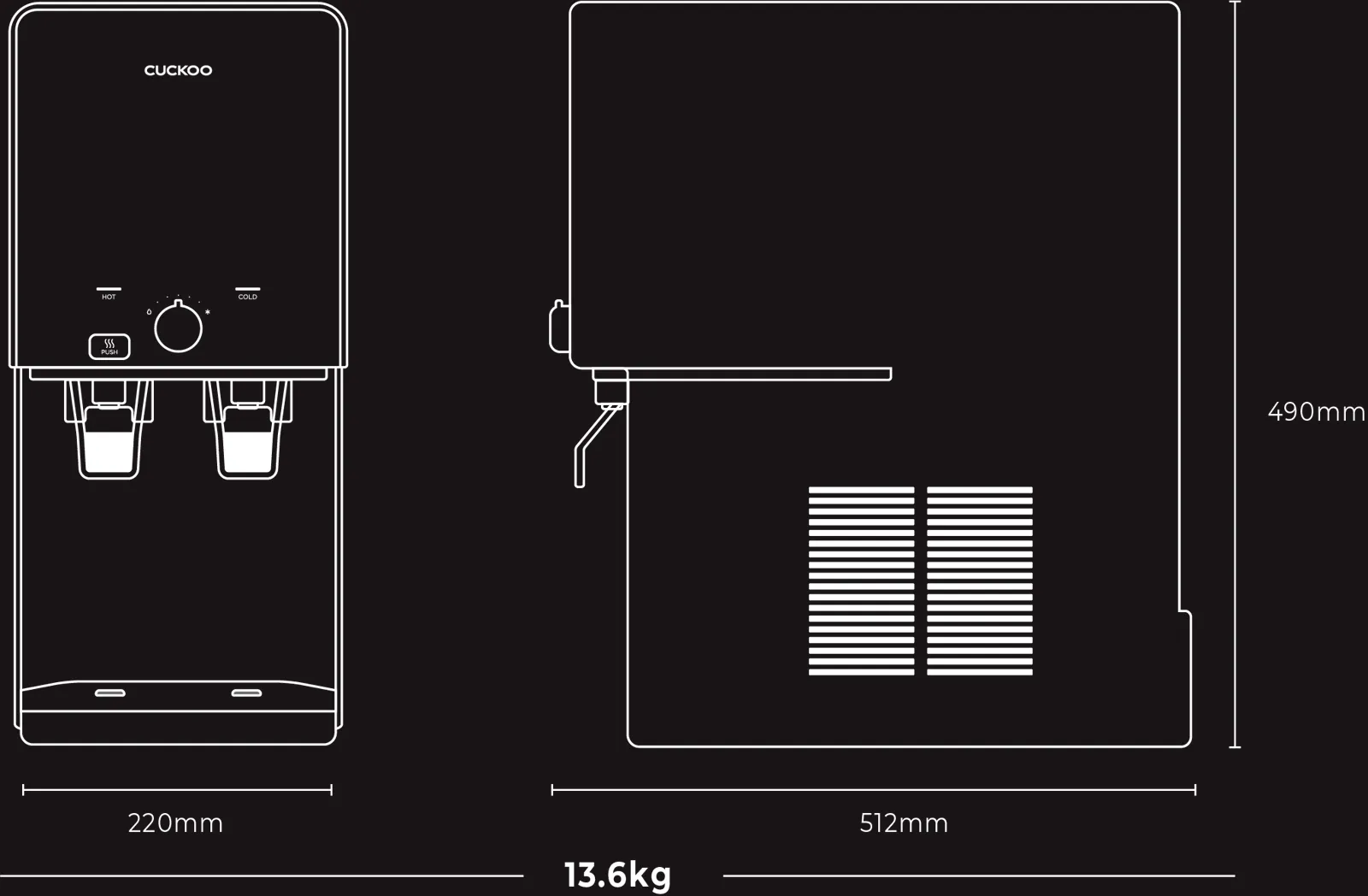 Dimensi: 220 × 512 × 490 mm, 13.6 kg