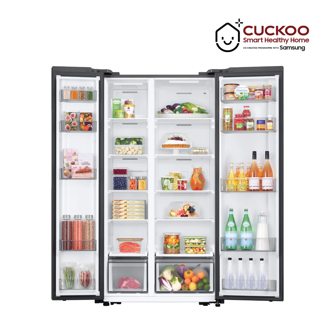 Samsung Side-by-Side Refrigerator — doors open, fully stocked