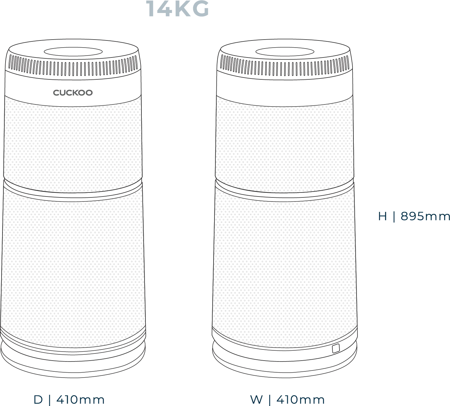 CUCKOO U Model — dimensions 410 × 410 × 895 mm, 14 kg