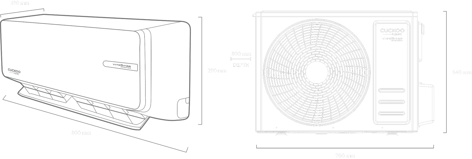 CUCKOO VITA 5TAR — indoor and outdoor unit dimensions