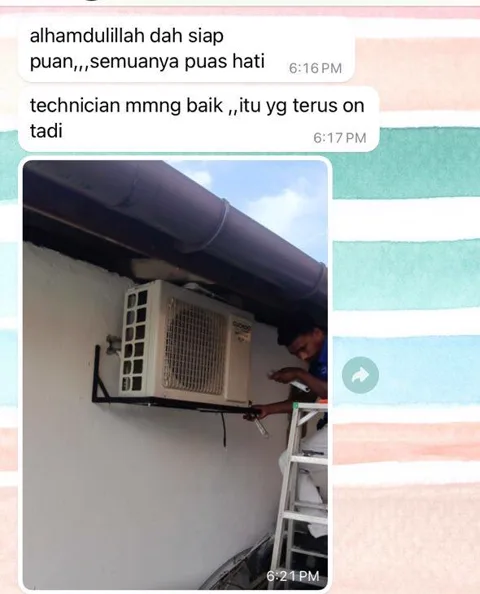 Mesej WhatsApp pelanggan selepas pemasangan penghawa dingin CUCKOO